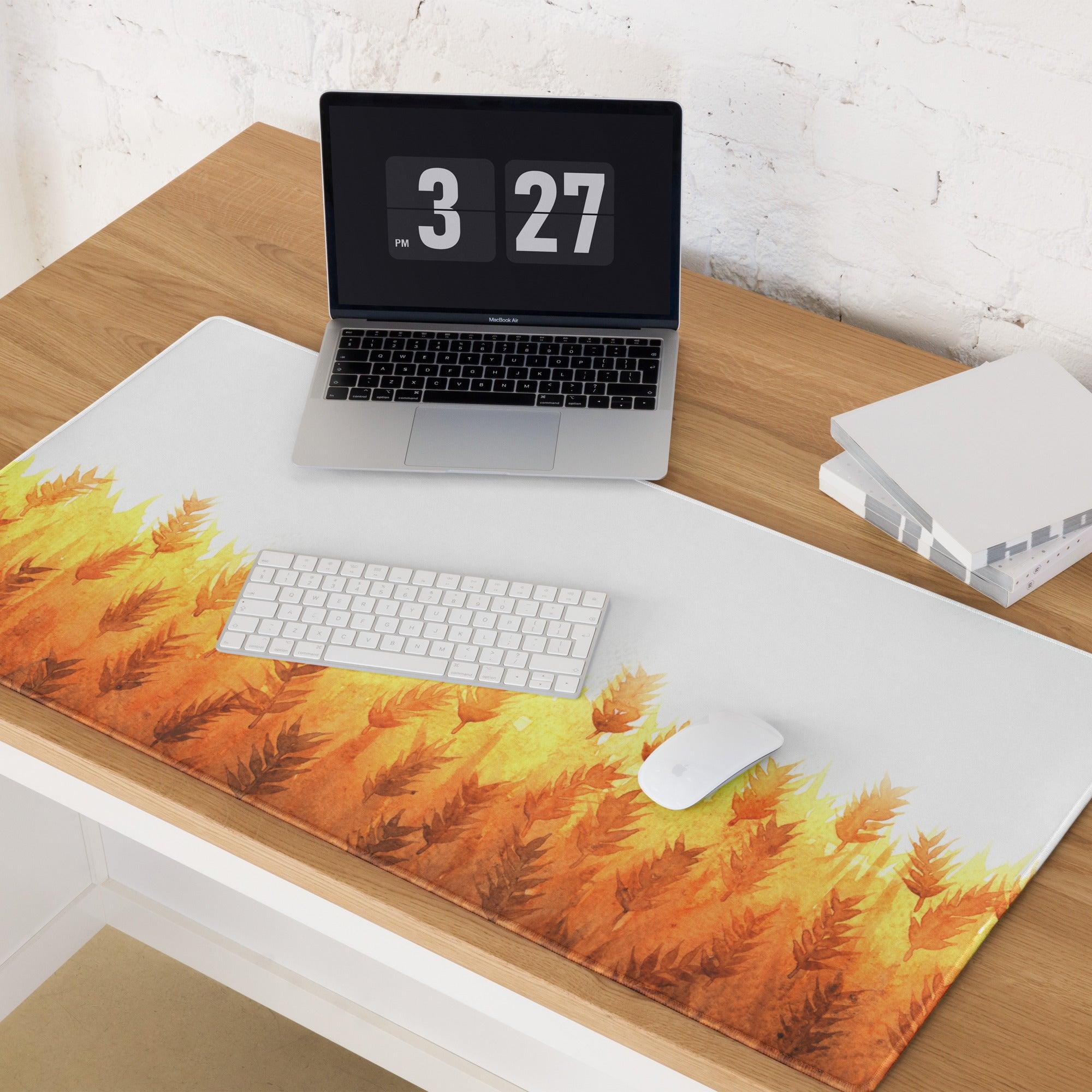 Autumn Leaves large gaming mouse pad with golden wheat watercolor design