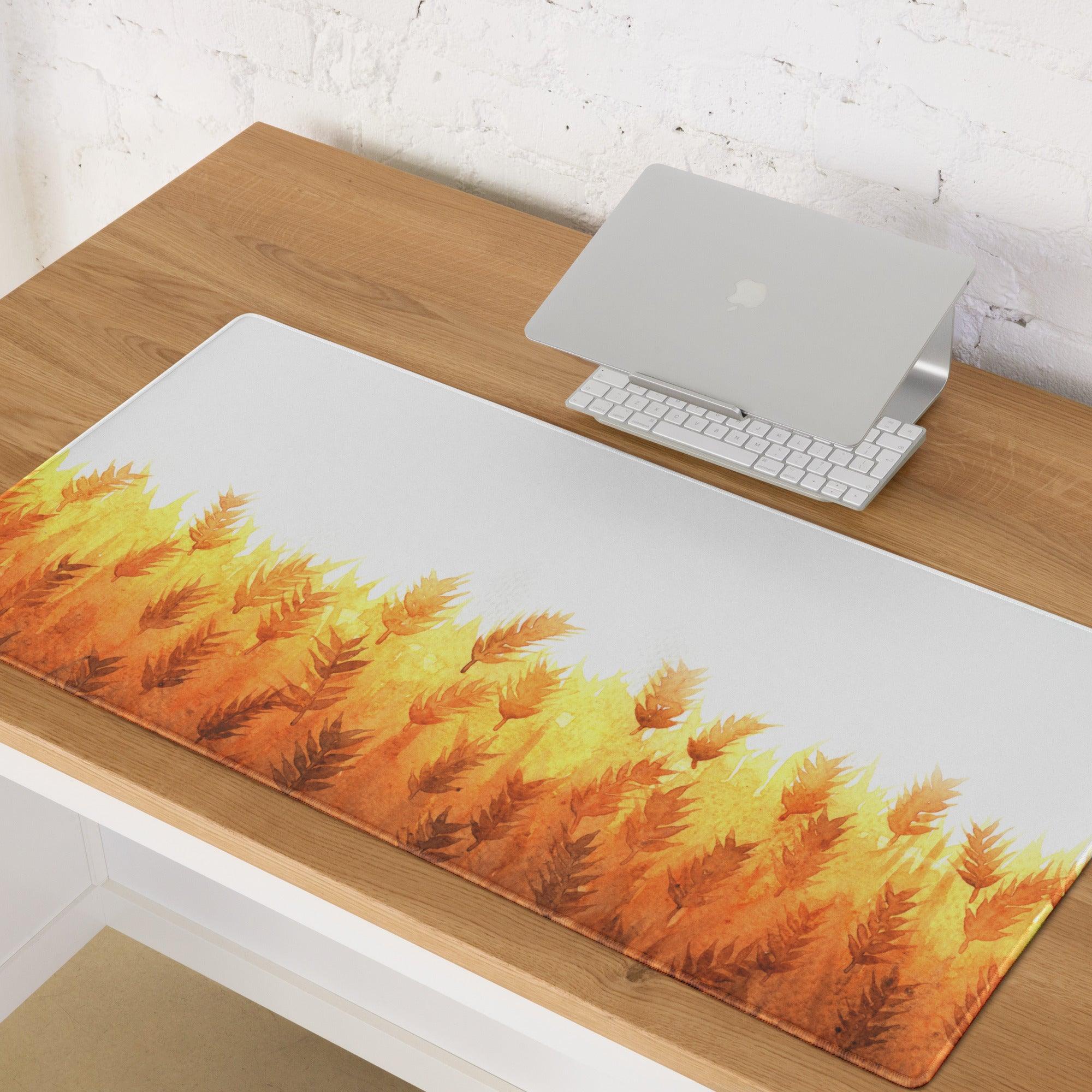 Autumn Leaves large gaming mouse pad with golden wheat watercolor edge