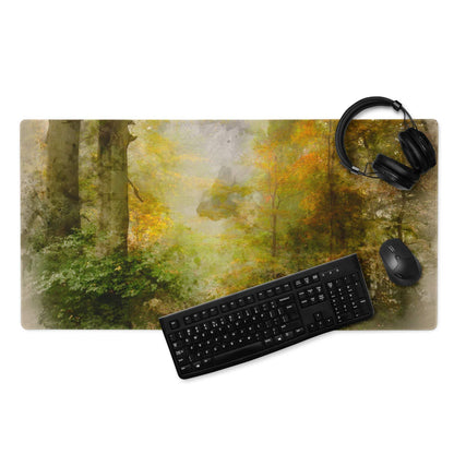 Large autumn forest gaming mousepad with watercolor greens, non-slip base
