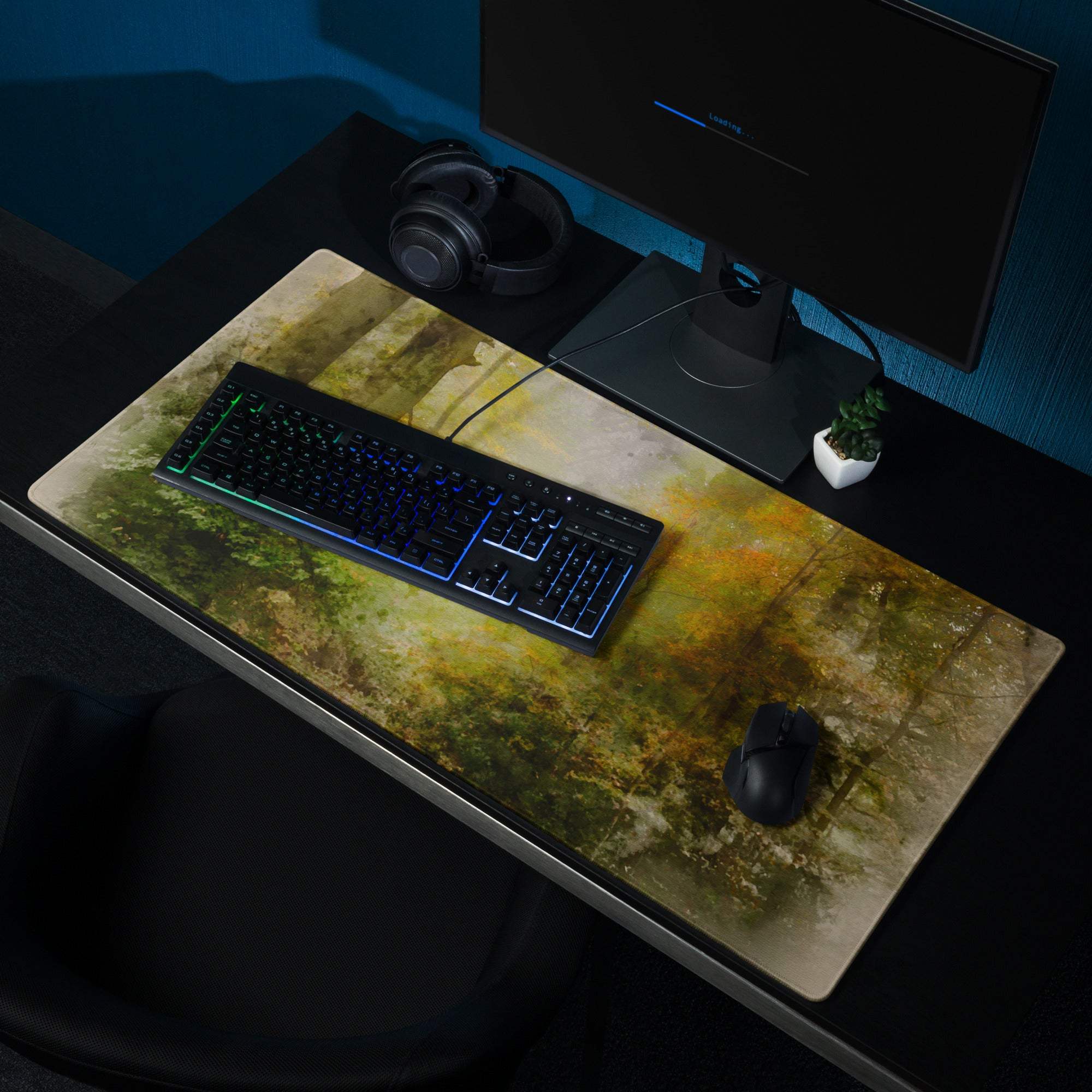 Large Autumn Forest gaming mouse pad with earthy green-yellow-brown stone texture, non-slip base, stitched edges