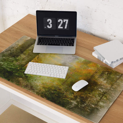 Large autumn forest gaming mouse pad with non-slip base and edge stitching