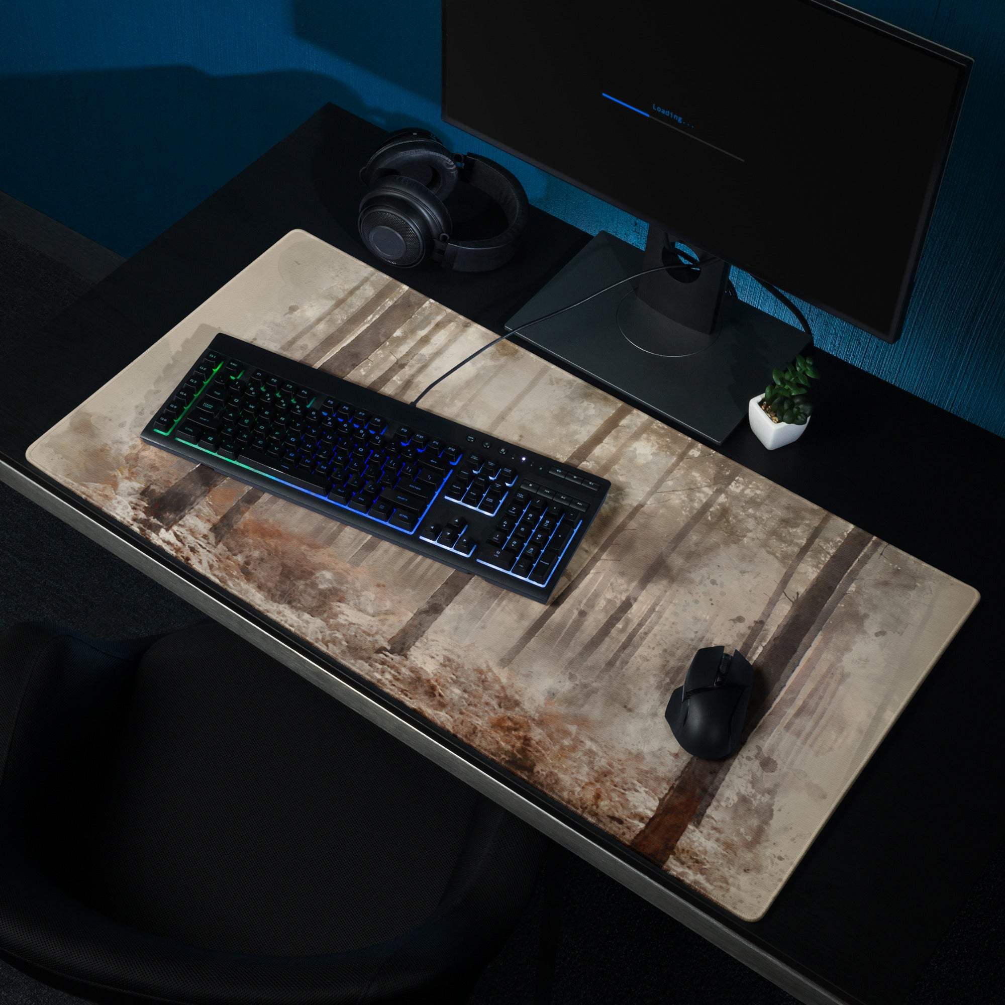 Watercolor forest moody browns rustic wood grain large gaming mouse pad
