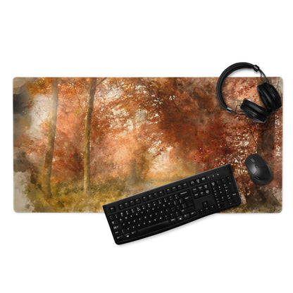 Large watercolor autumn forest path gaming mouse pad with warm browns oranges and non-slip base