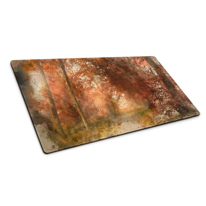 Rectangular watercolor autumn forest path cutting board in warm browns oranges