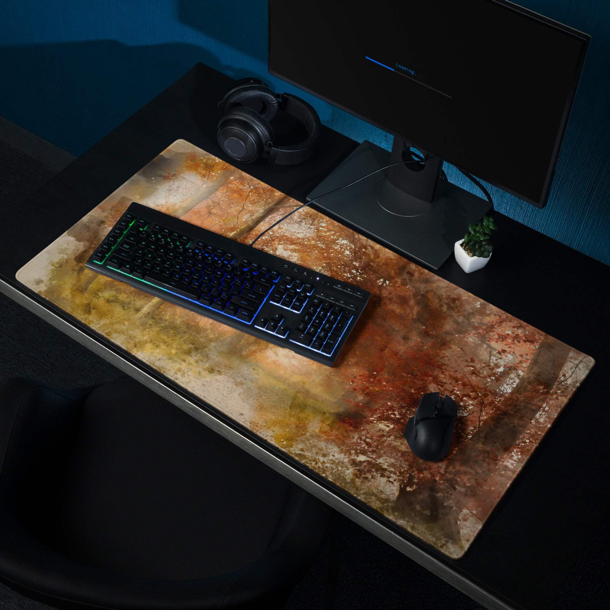 Rust-colored distressed metallic desk mat with watercolor autumn forest path design