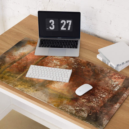 Large watercolor autumn forest path gaming mouse pad with warm browns, oranges, non-slip base