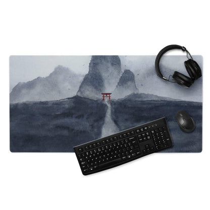 Watercolor misty mountains gaming mouse pad with red torii gate