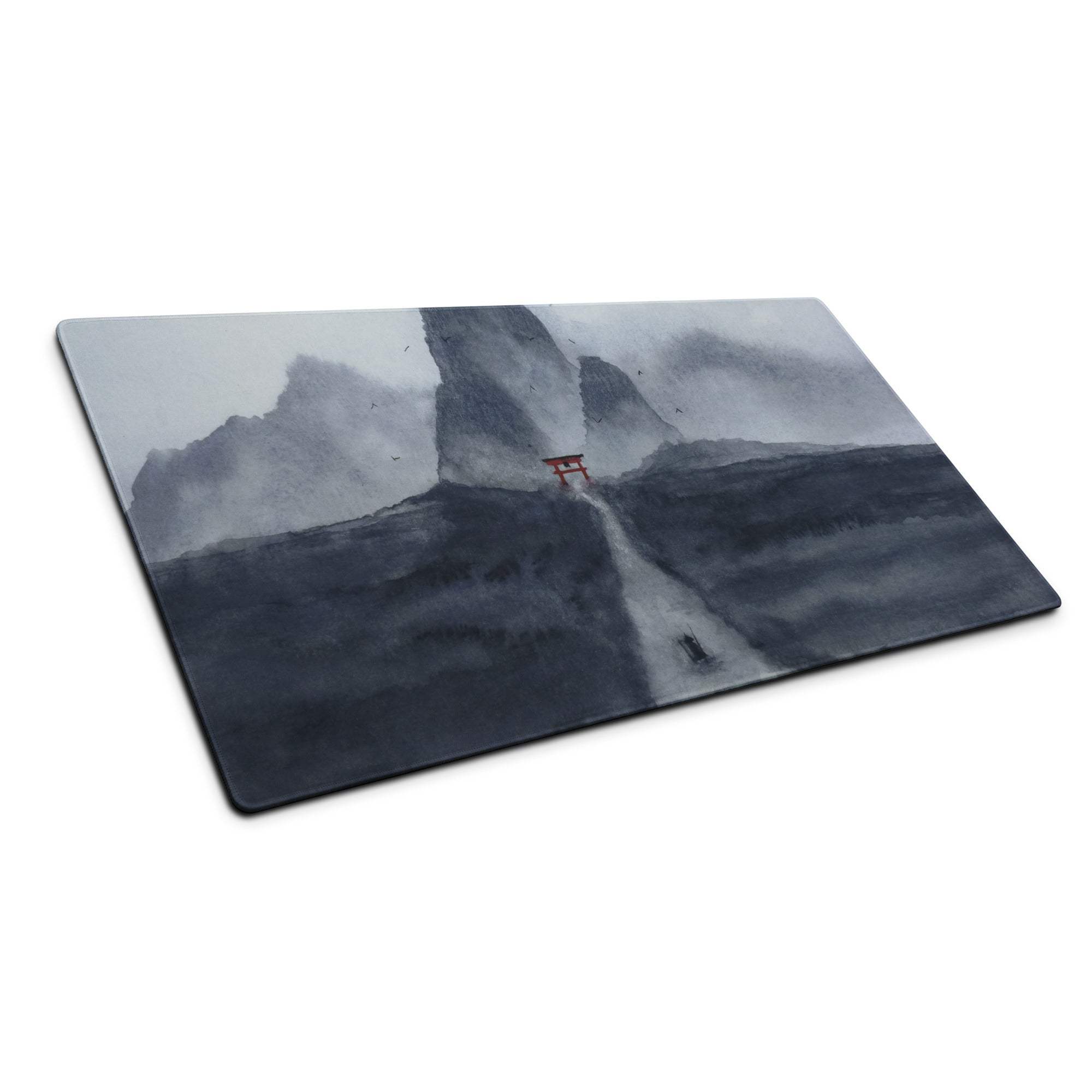 Minimalist misty mountains torii gate mouse pad on gray surface