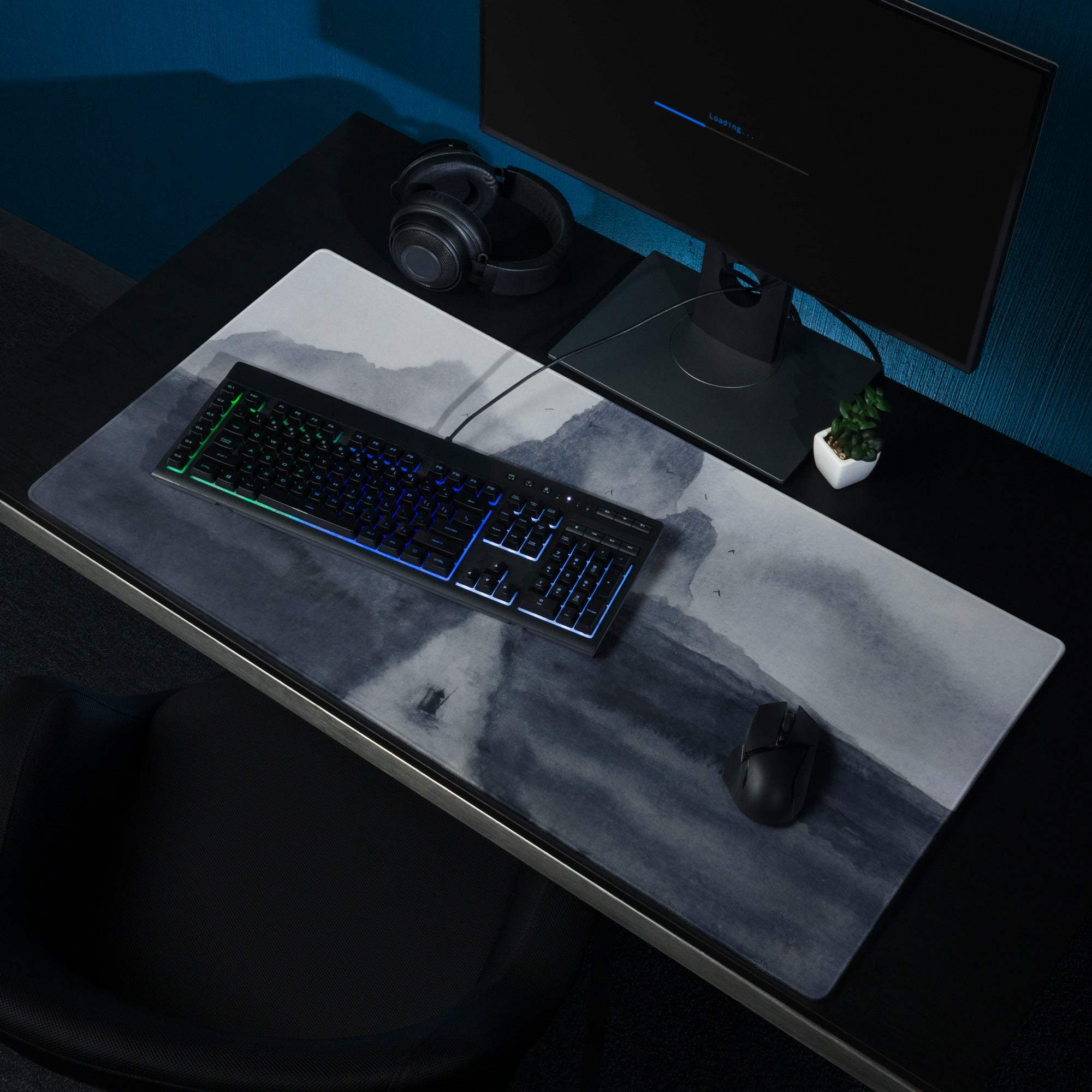 Sleek grayscale watercolor mountain gaming mousepad with non-slip base
