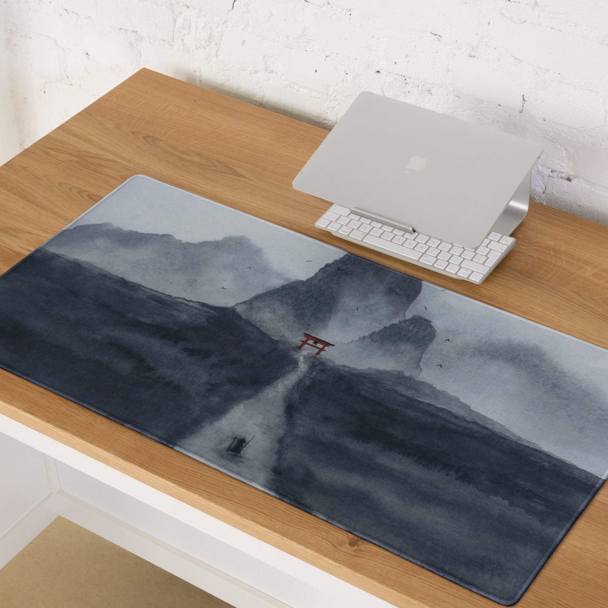 Watercolor misty mountain mousepad with red torii gate, gray theme