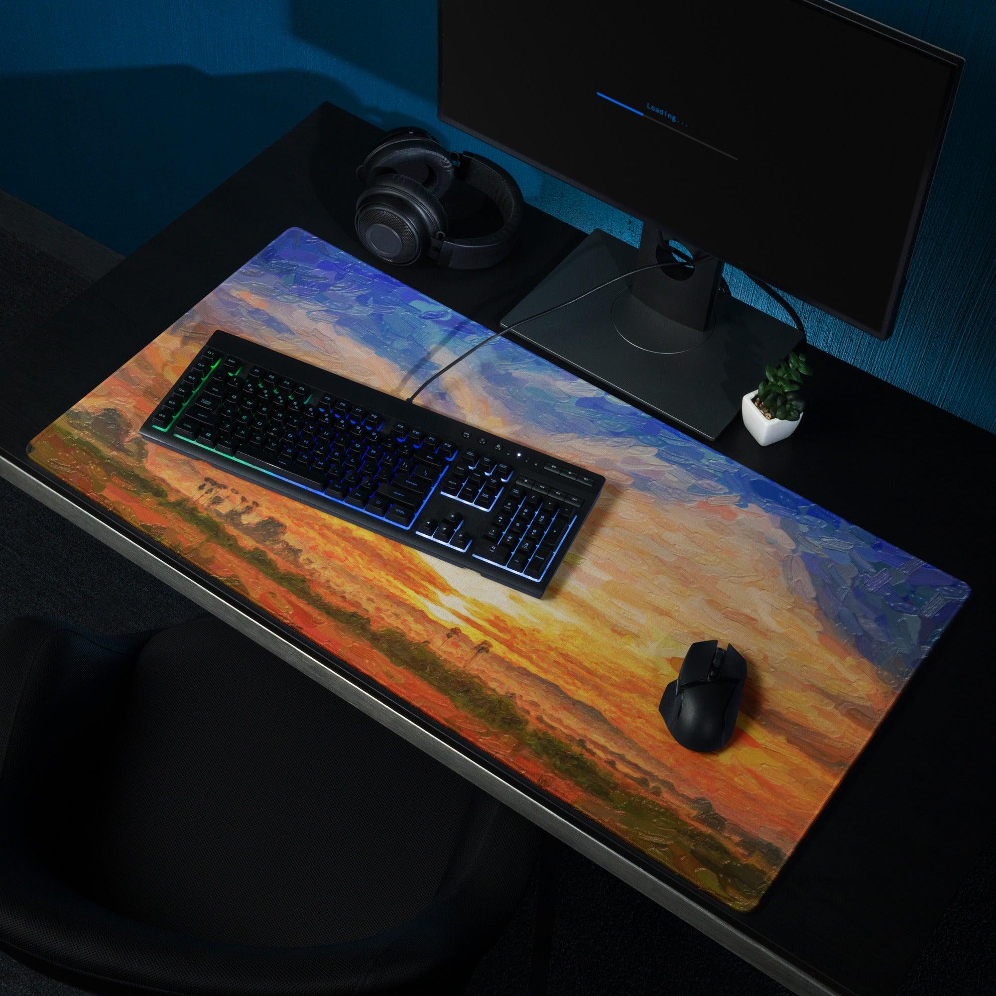 Vibrant impressionist sunset gaming mouse pad with glossy finish and non-slip base
