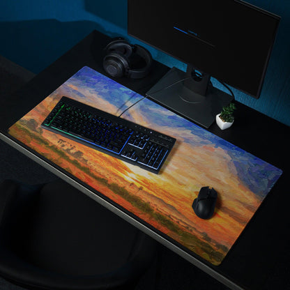 Vibrant impressionist sunset gaming mouse pad with glossy finish and non-slip base