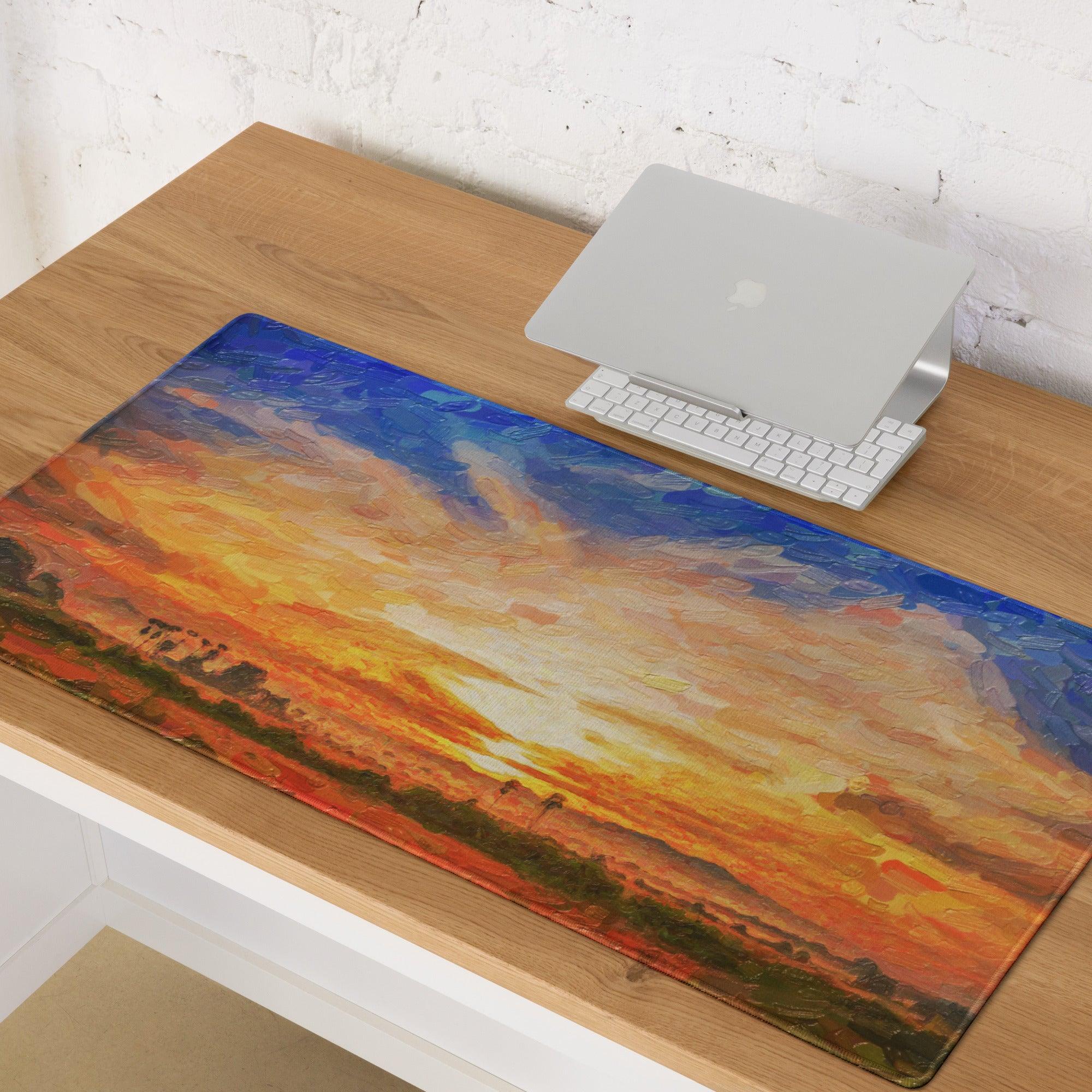 Vibrant impressionist sunset landscape gaming mouse pad with non-slip base