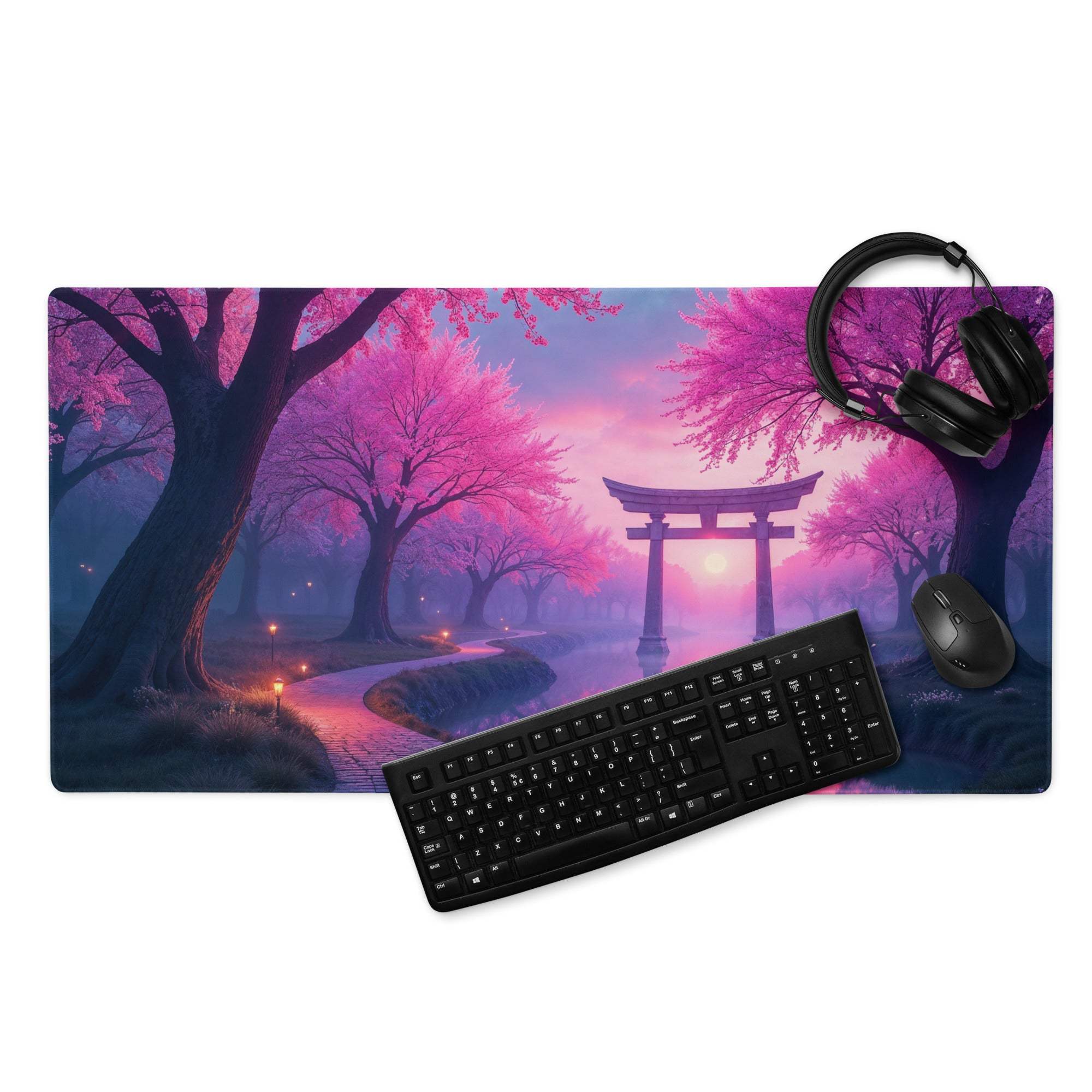 Dreamy purple pink cherry blossom gaming mouse pad with torii gate