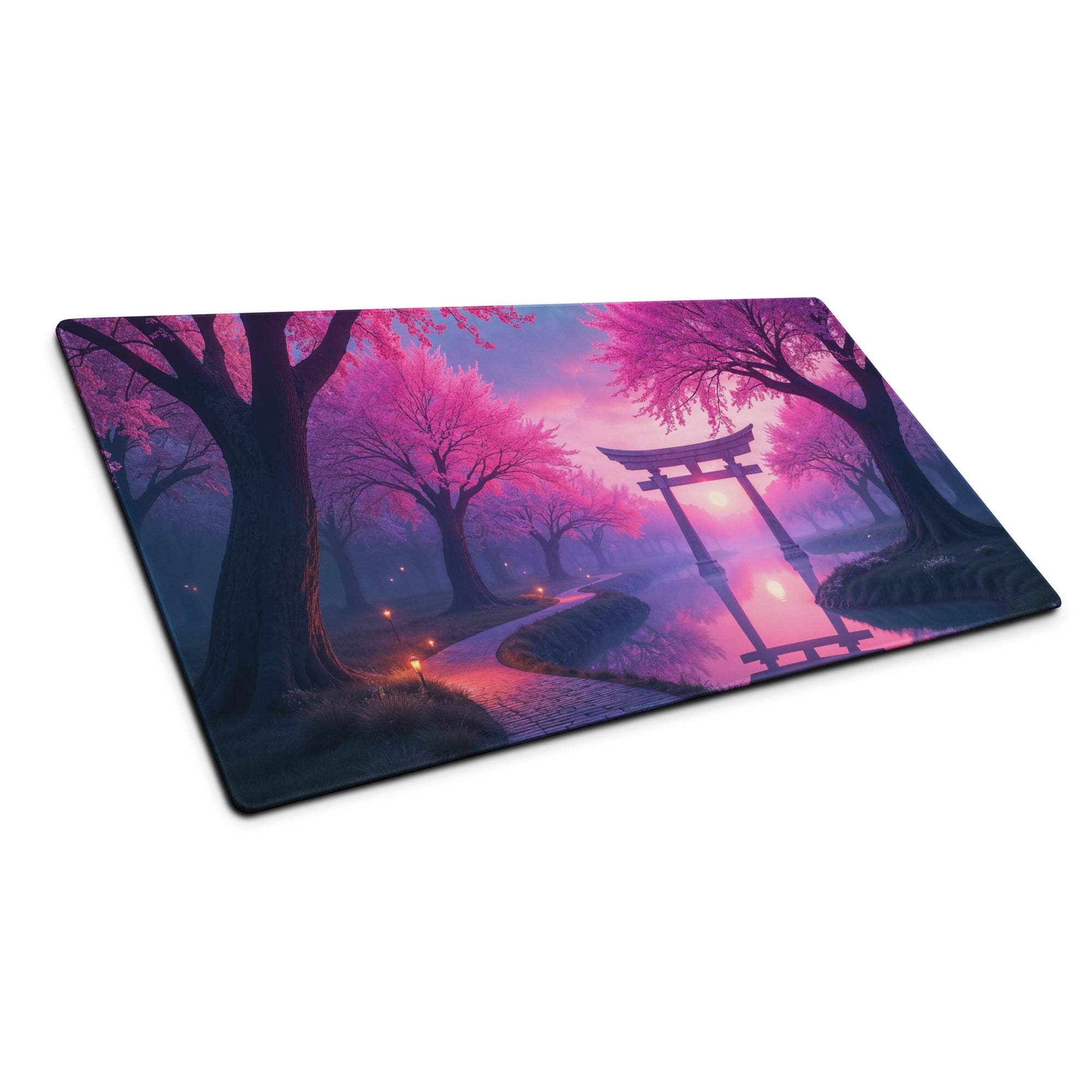 Dreamy purple pink cherry blossom gaming mouse pad with torii gate