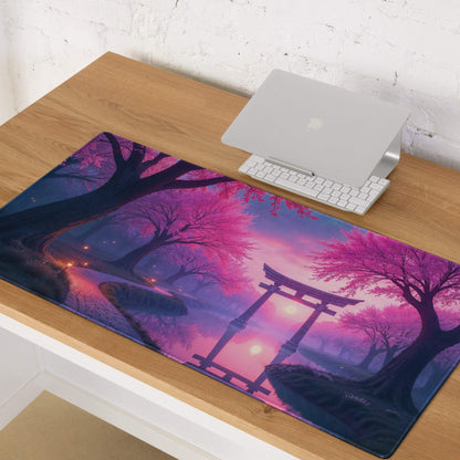 Dreamy purple pink cherry blossom torii gate gaming mouse pad, large stitched non-slip