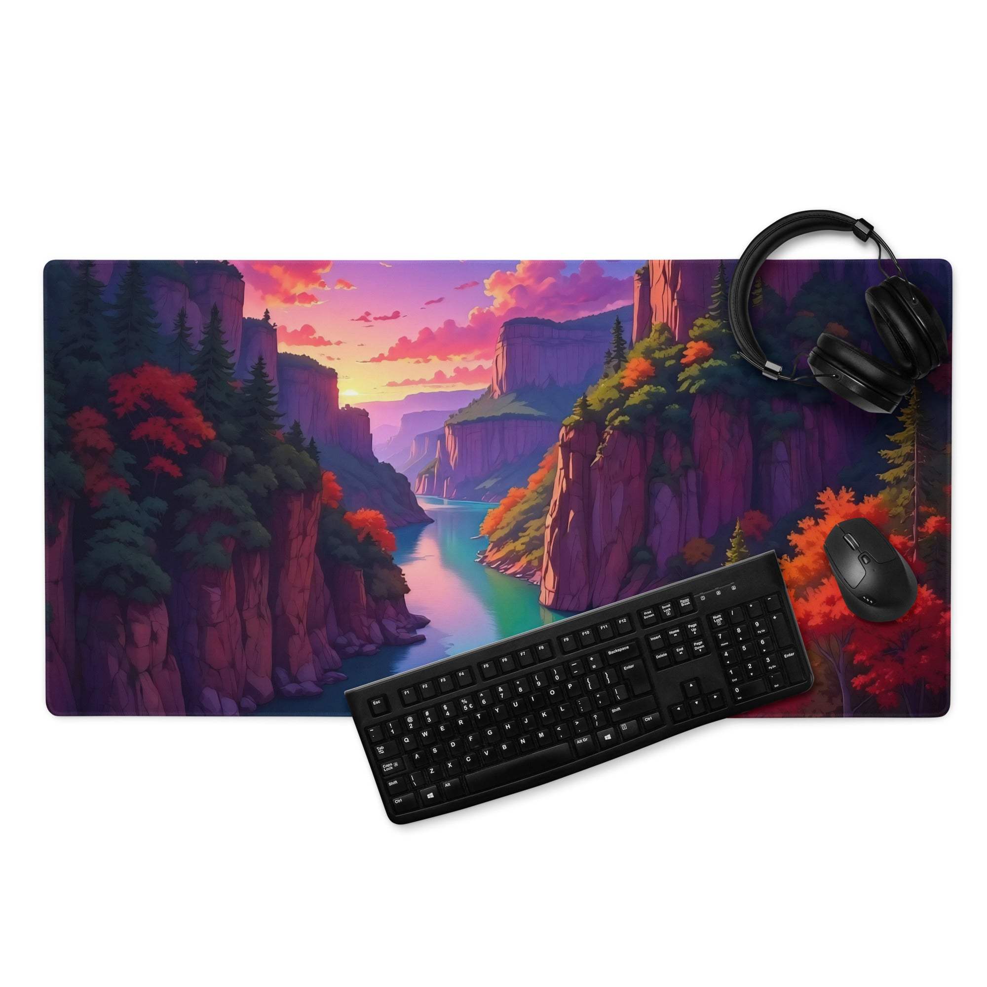 Vibrant autumn canyon sunset mousepad with river, warm hues, non-slip base