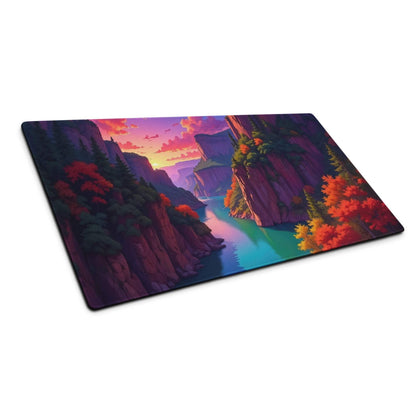 Vibrant autumn canyon sunset gaming mouse pad with river and trees