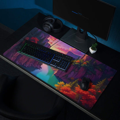 Vibrant autumn canyon sunset gaming mouse pad with purple cliffs, non-slip base