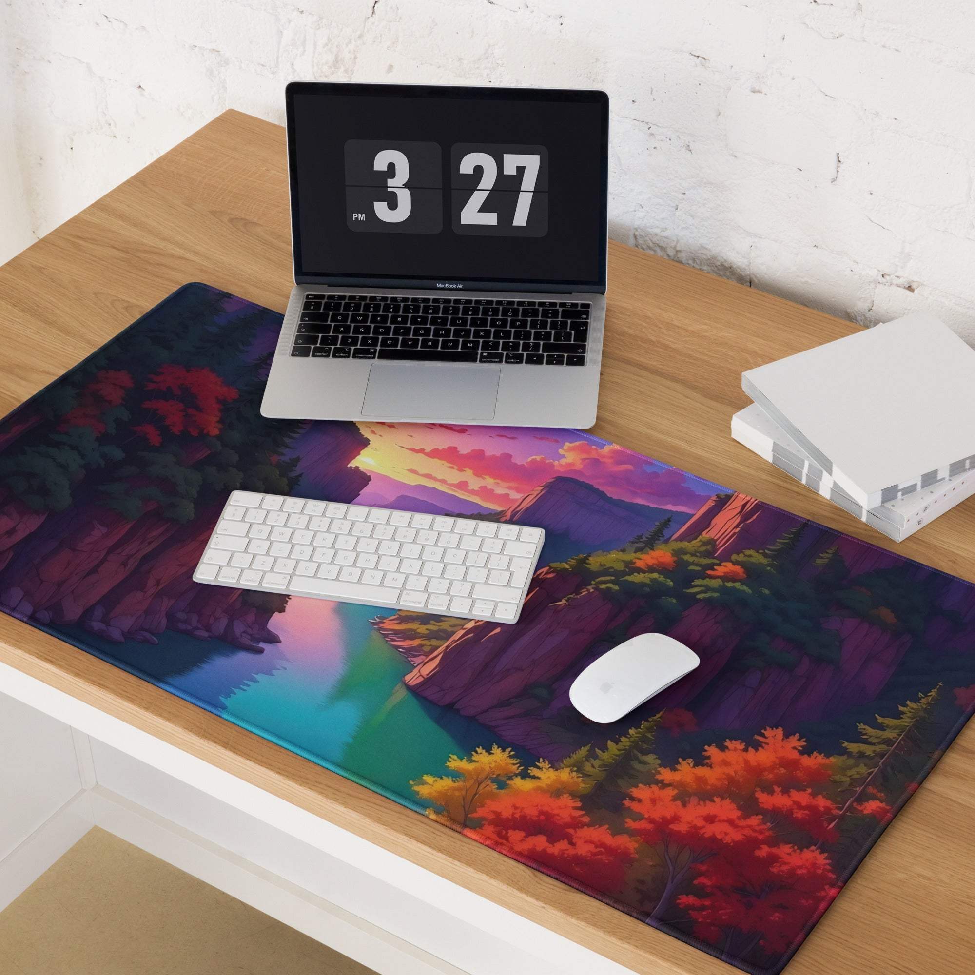 Vibrant autumn canyon sunset mousepad with warm hues, non-slip base, large gaming size