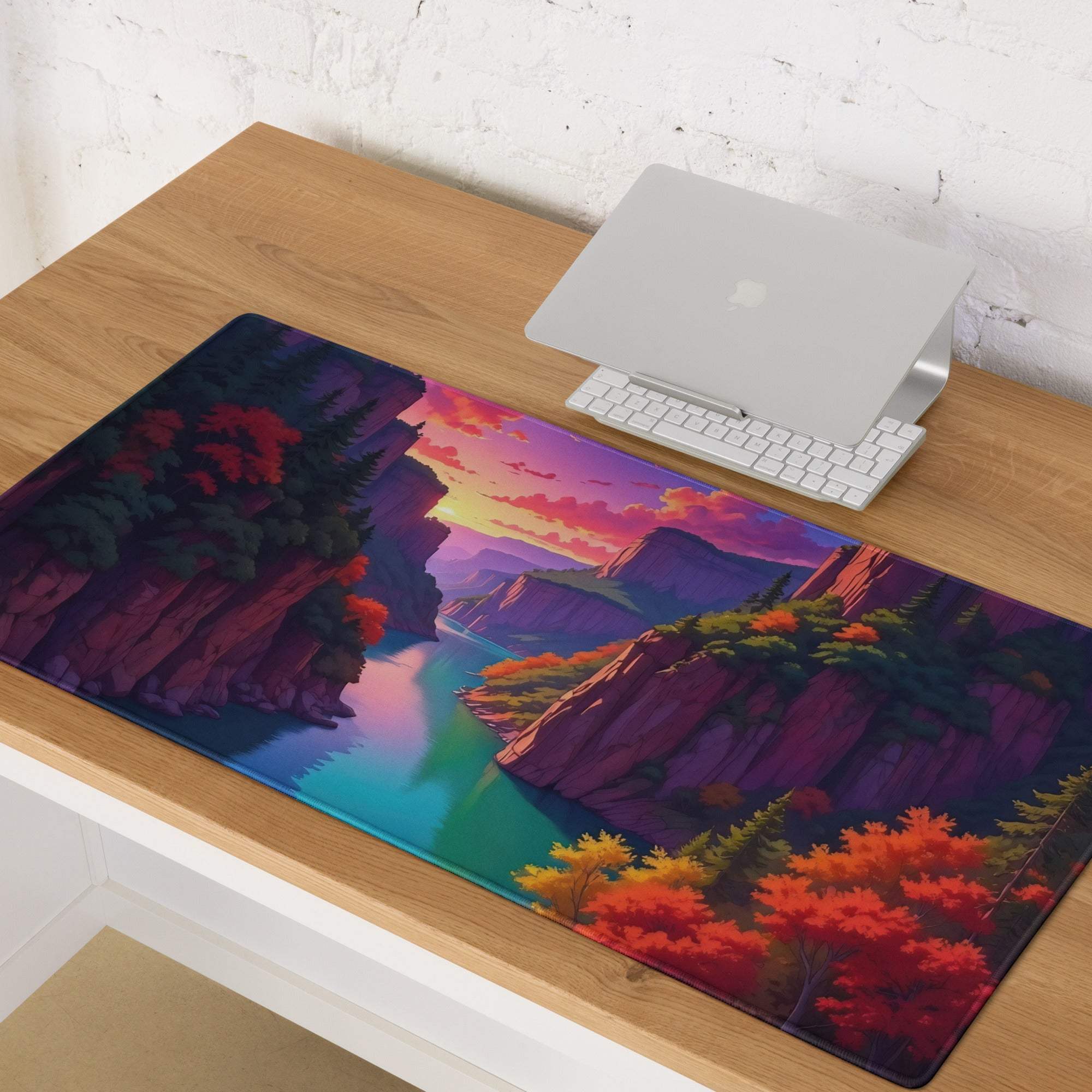 Vibrant autumn canyon sunset gaming mousepad with non-slip base
