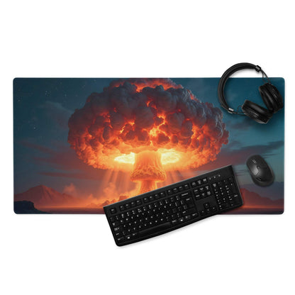 Dynamic gaming mouse pad with fiery orange nuclear explosion theme