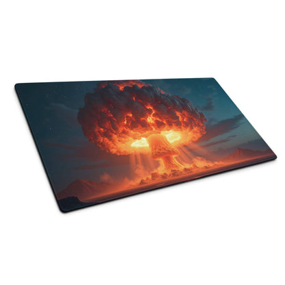 Dynamic gaming mouse pad with fiery orange nuclear explosion mushroom cloud