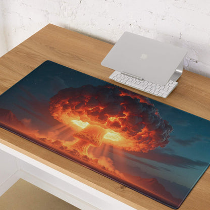 Dynamic gaming mouse pad with fiery orange nuclear explosion theme