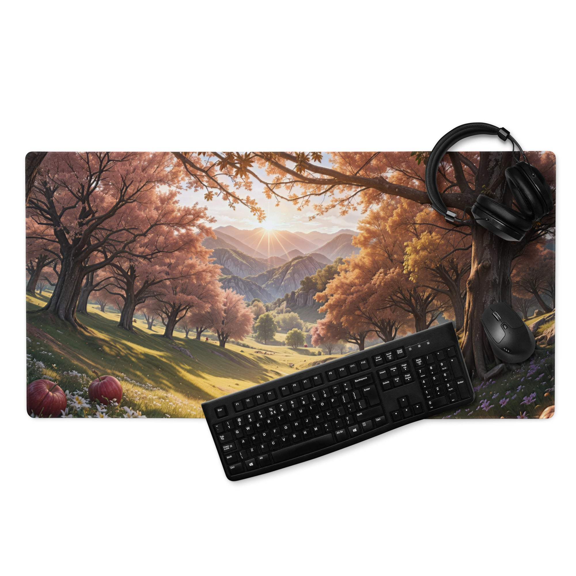 Autumn forest gaming mousepad with pink orange trees mountains non-slip backing
