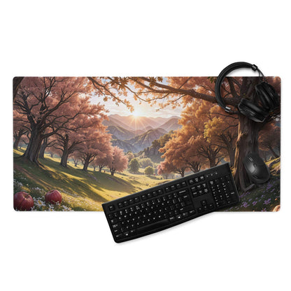 Autumn forest gaming mousepad with pink orange trees mountains non-slip backing