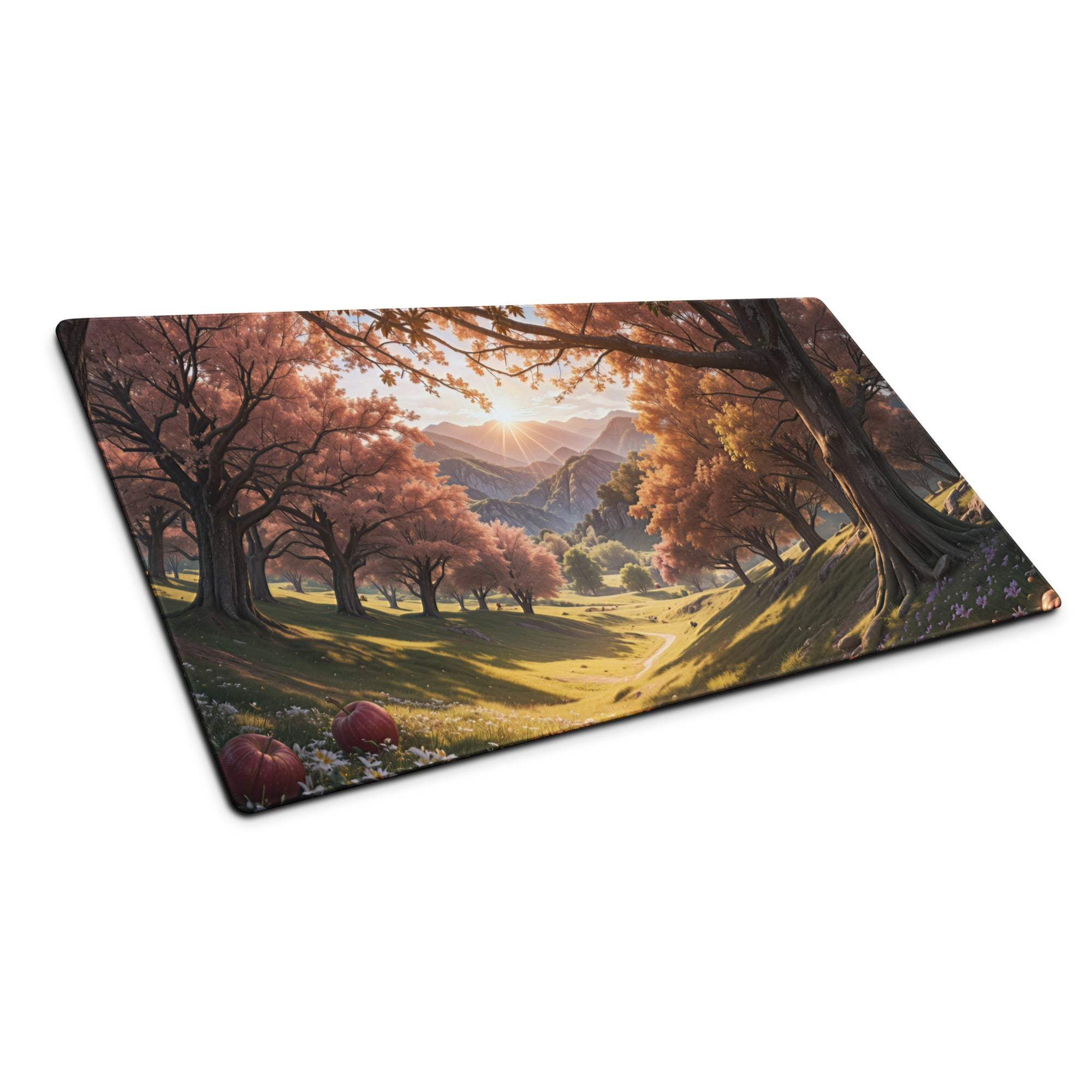 Large Autumn Forest gaming mouse pad with pink orange trees and hills