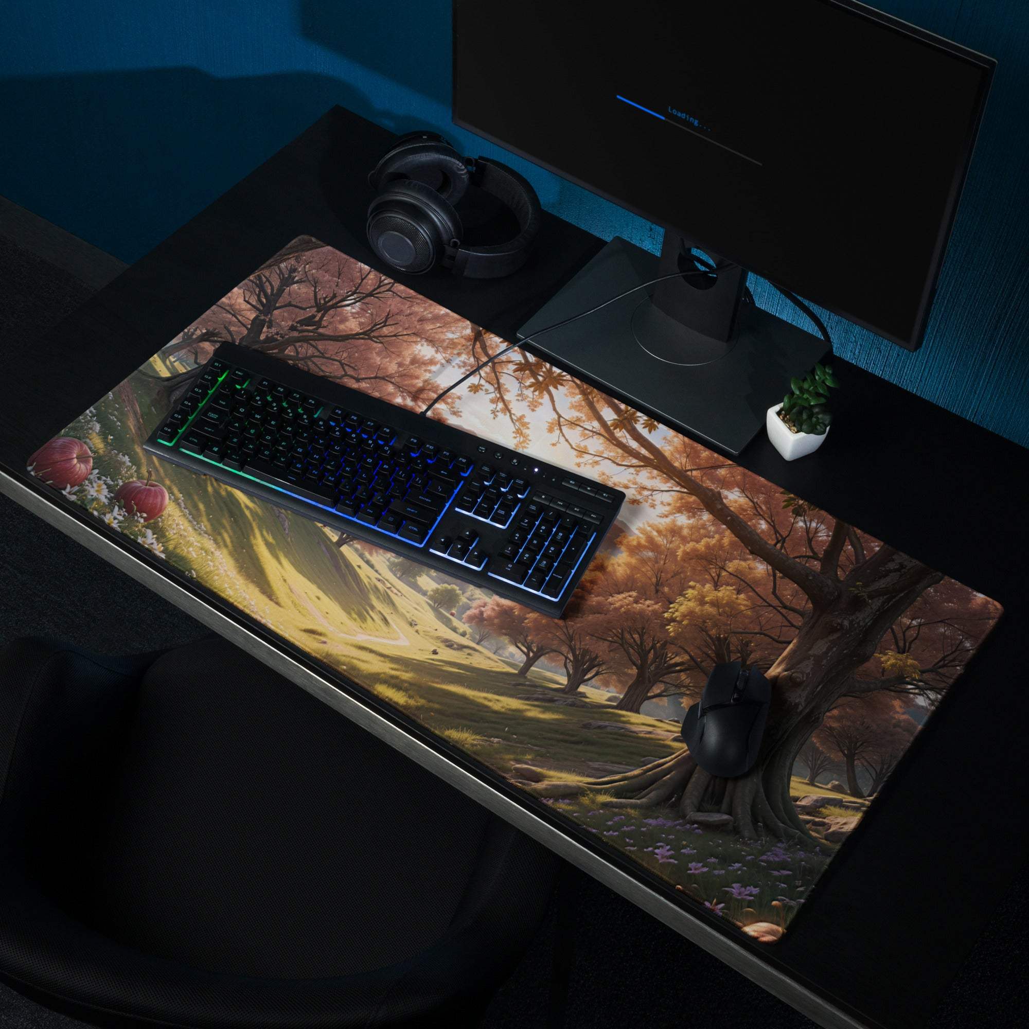 Autumn forest gaming mouse pad with orange trees, apples, non-slip backing
