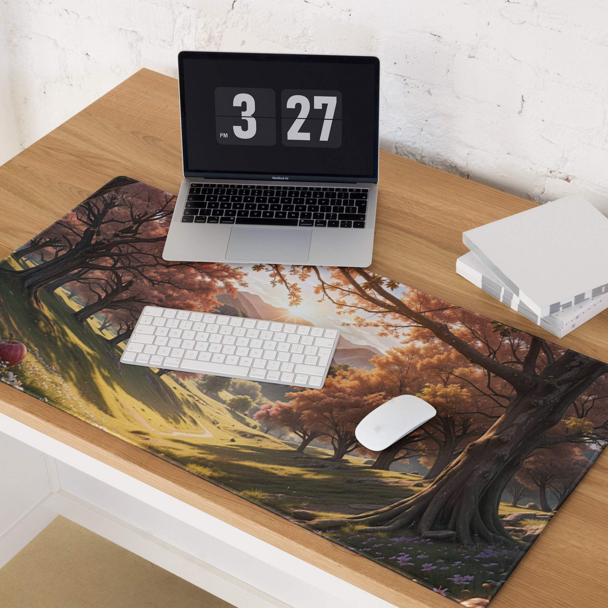 Large autumn forest gaming mouse pad with non-slip backing and edge stitching