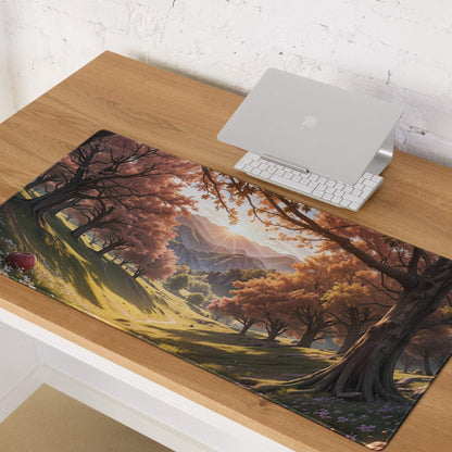 Autumn Forest gaming mouse pad with orange trees, hills, apple, non-slip backing