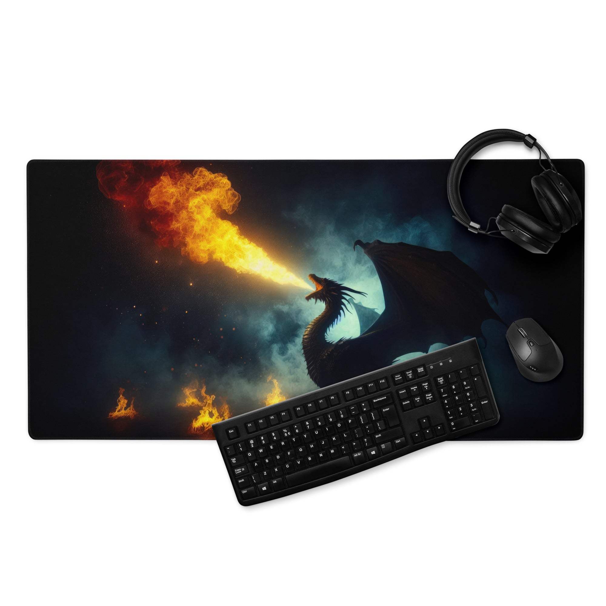 Dark Dragon Fire gaming mouse pad with dramatic fire-breathing dragon