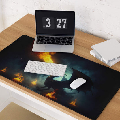 Black gaming mousepad with fiery dragon, orange flames, teal smoke, non-slip base