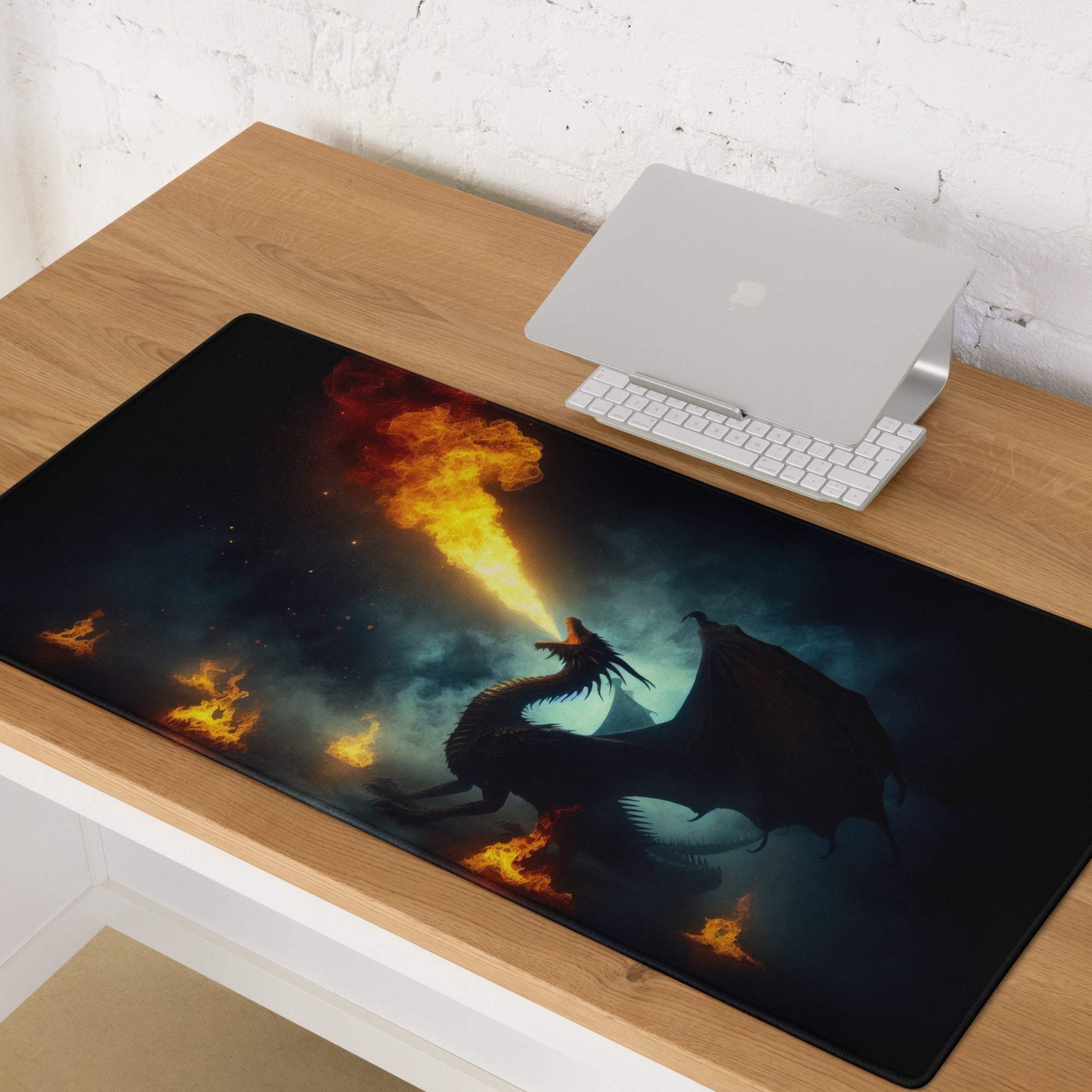 Large Dark Dragon Fire gaming mouse pad with dramatic fire-breathing dragon on smoky background