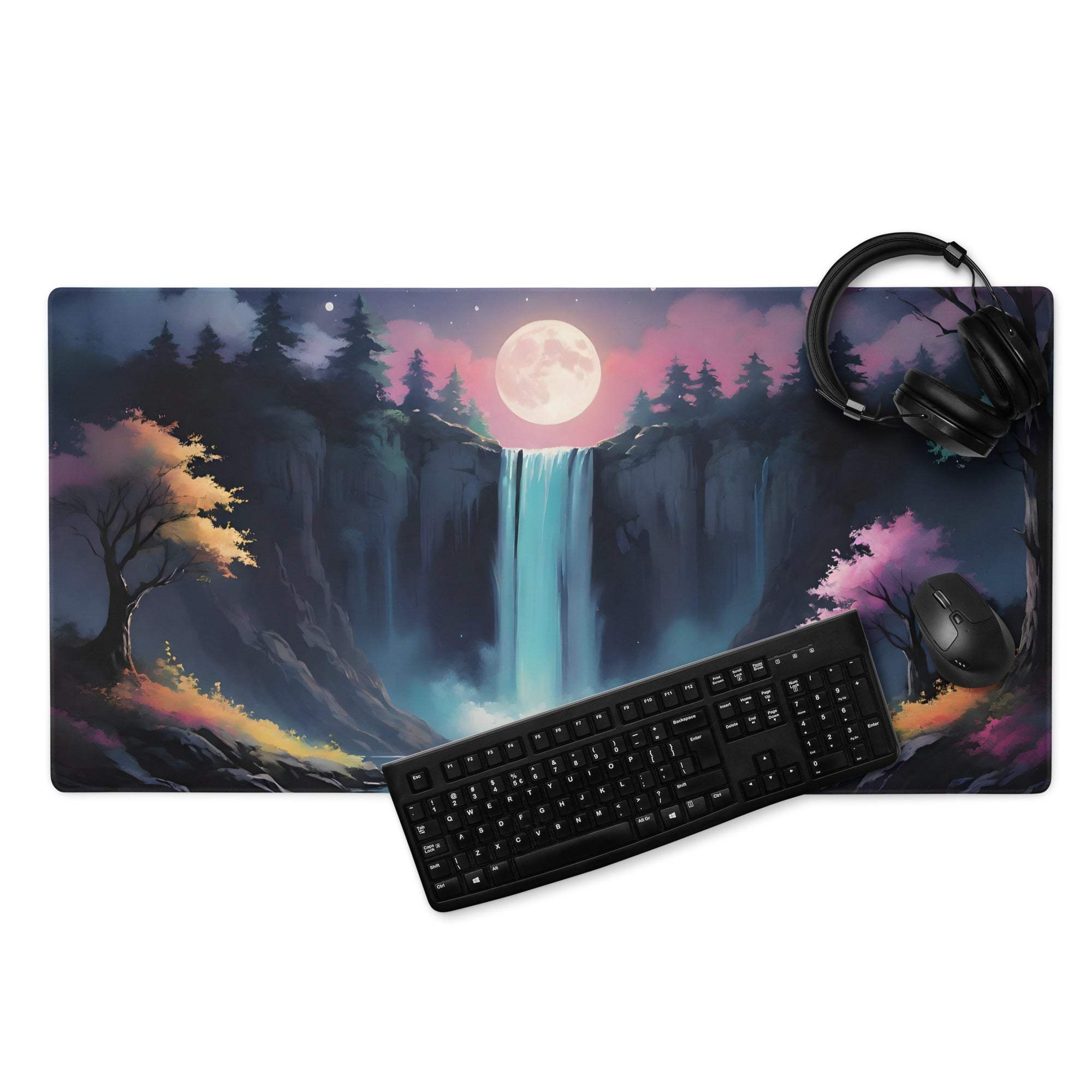 Dreamy Fantasy Waterfall Landscape large gaming mouse pad with glowing moonlit scene