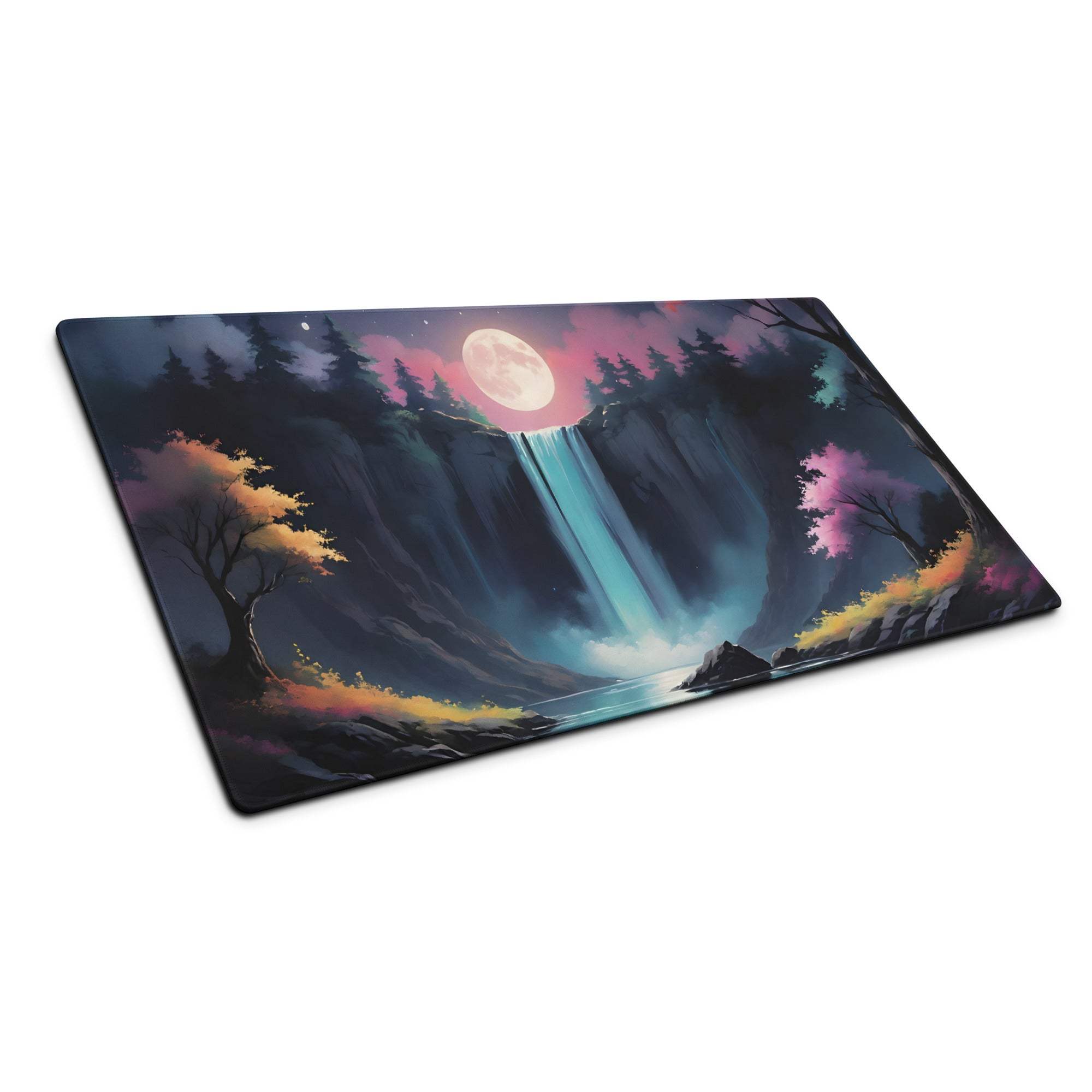 Dreamy fantasy waterfall moonlit gaming mouse pad with glowing foliage
