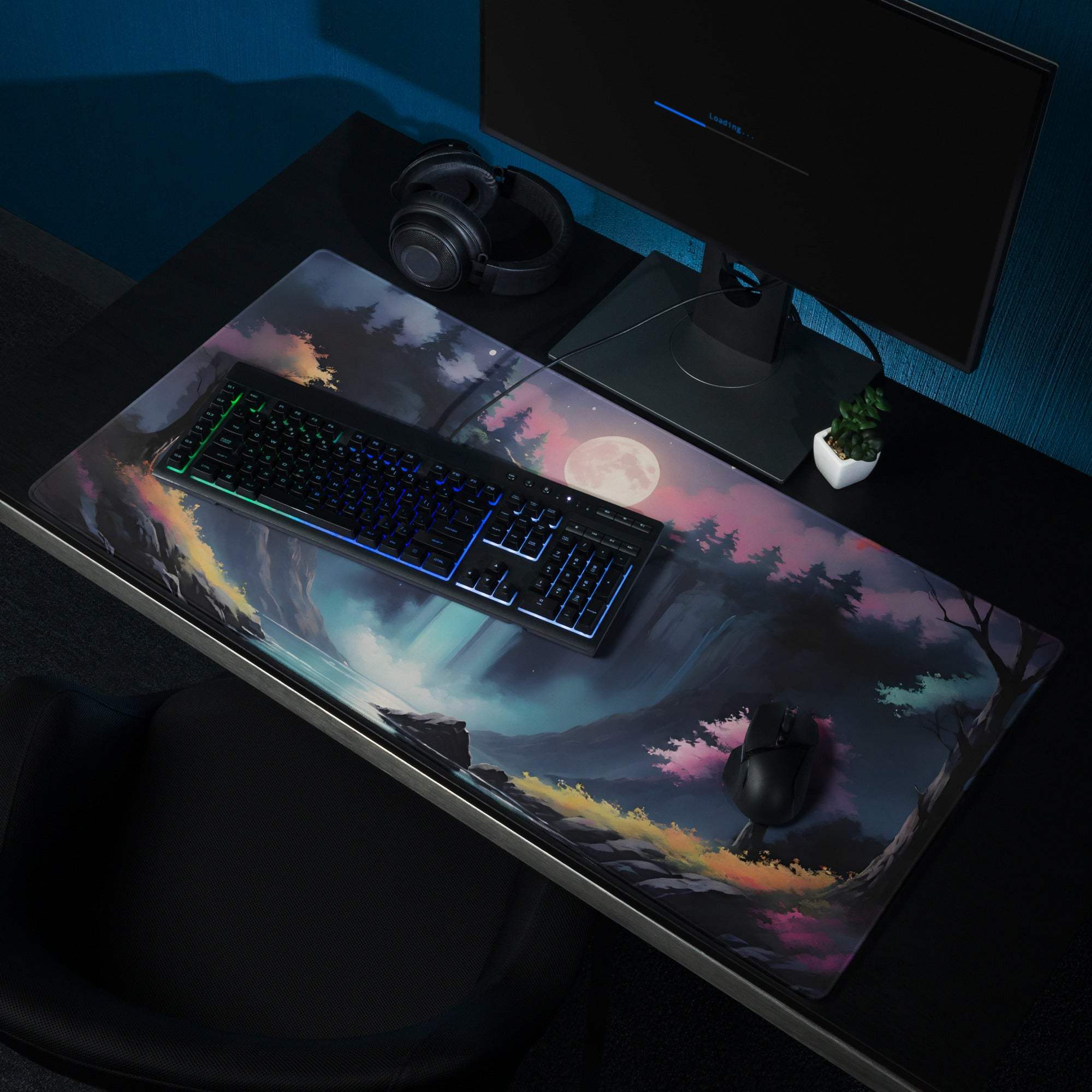 Dreamy fantasy waterfall moonlit night gaming mouse pad with auroras
