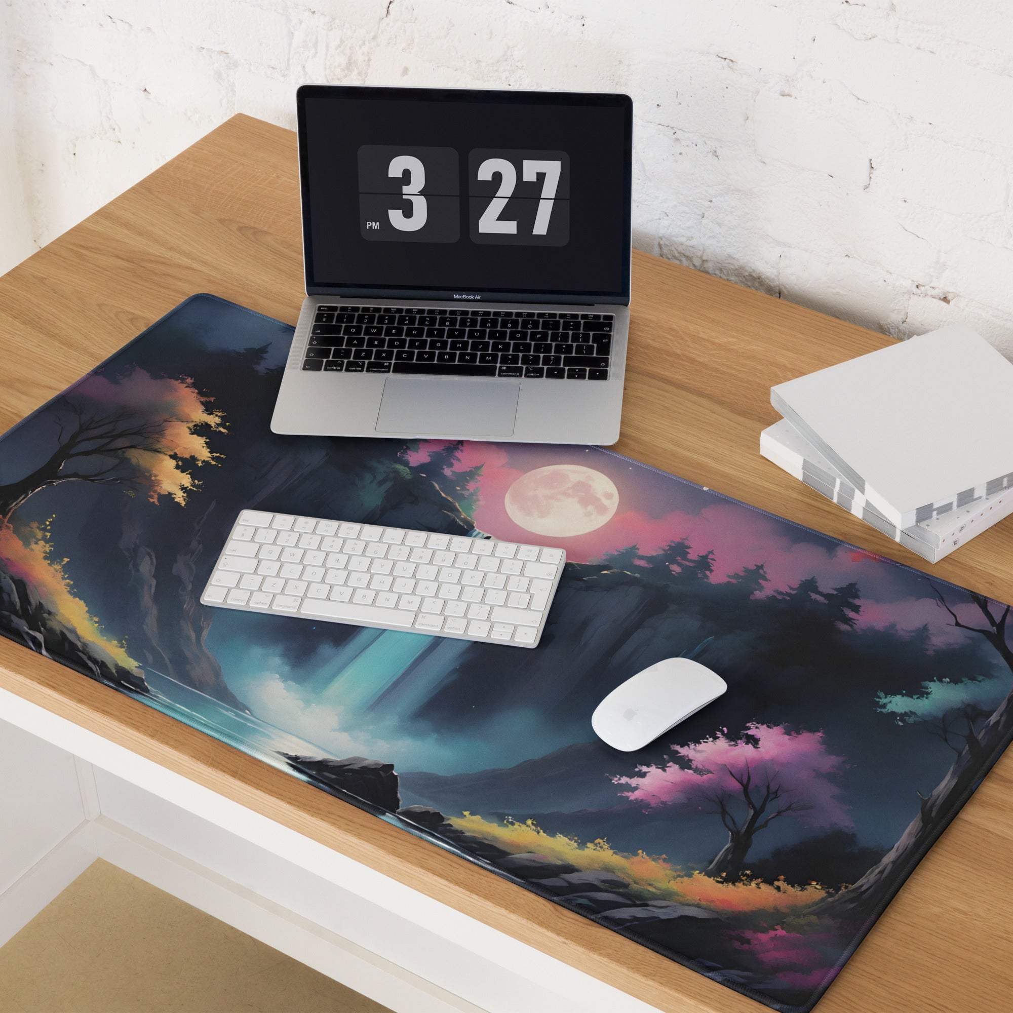 Dreamy fantasy waterfall moonlit gaming mousepad with aurora sky