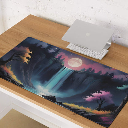 Dreamy fantasy waterfall landscape large gaming mouse pad with moonlit night palette