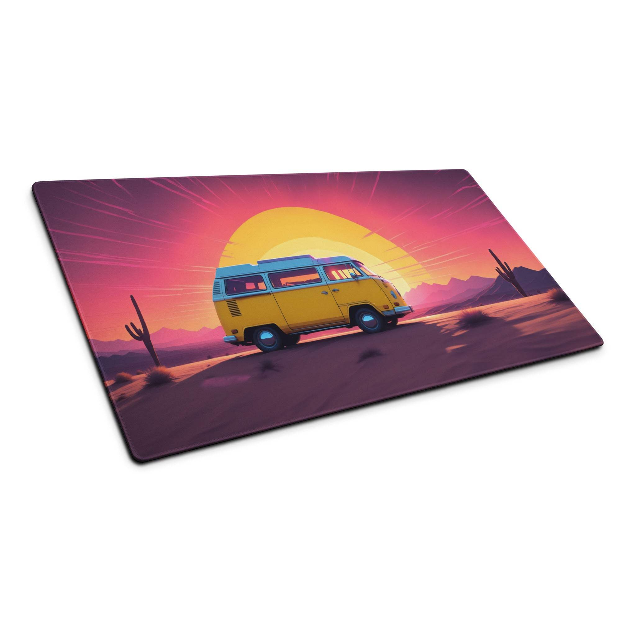 Retro desert sunset gaming mouse pad with yellow van