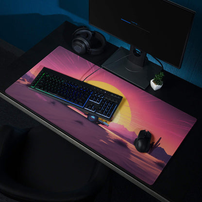 Retro desert sunset gaming mousepad with yellow van in pink orange purple hues