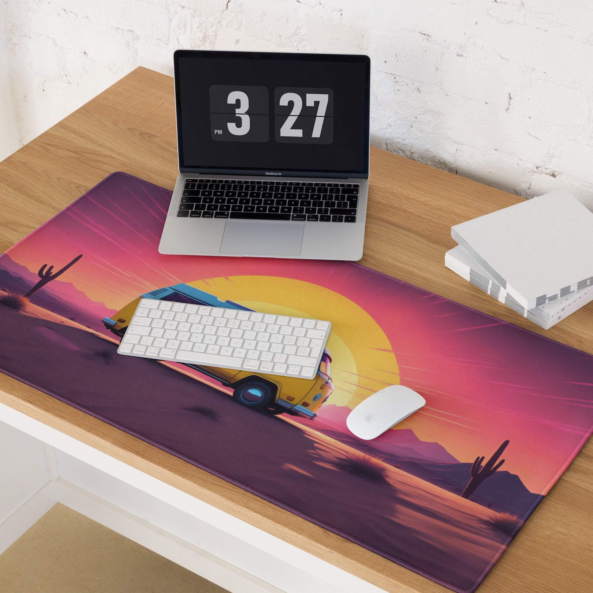 Vibrant retro desert sunset gaming mouse pad with yellow camper van