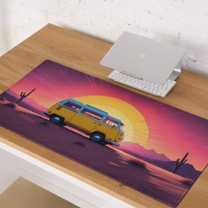 Retro desert sunset gaming mousepad with yellow van in pink orange purple hues