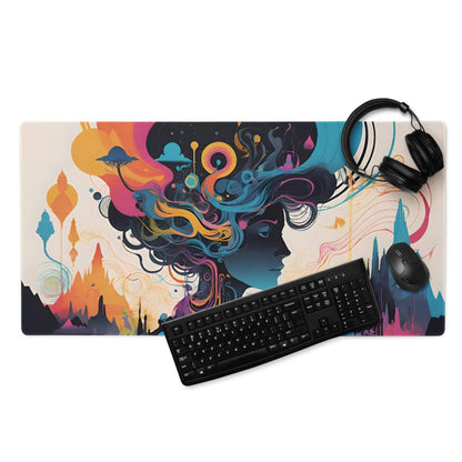 Vibrant abstract fantasy woman portrait gaming mouse pad with colorful swirls