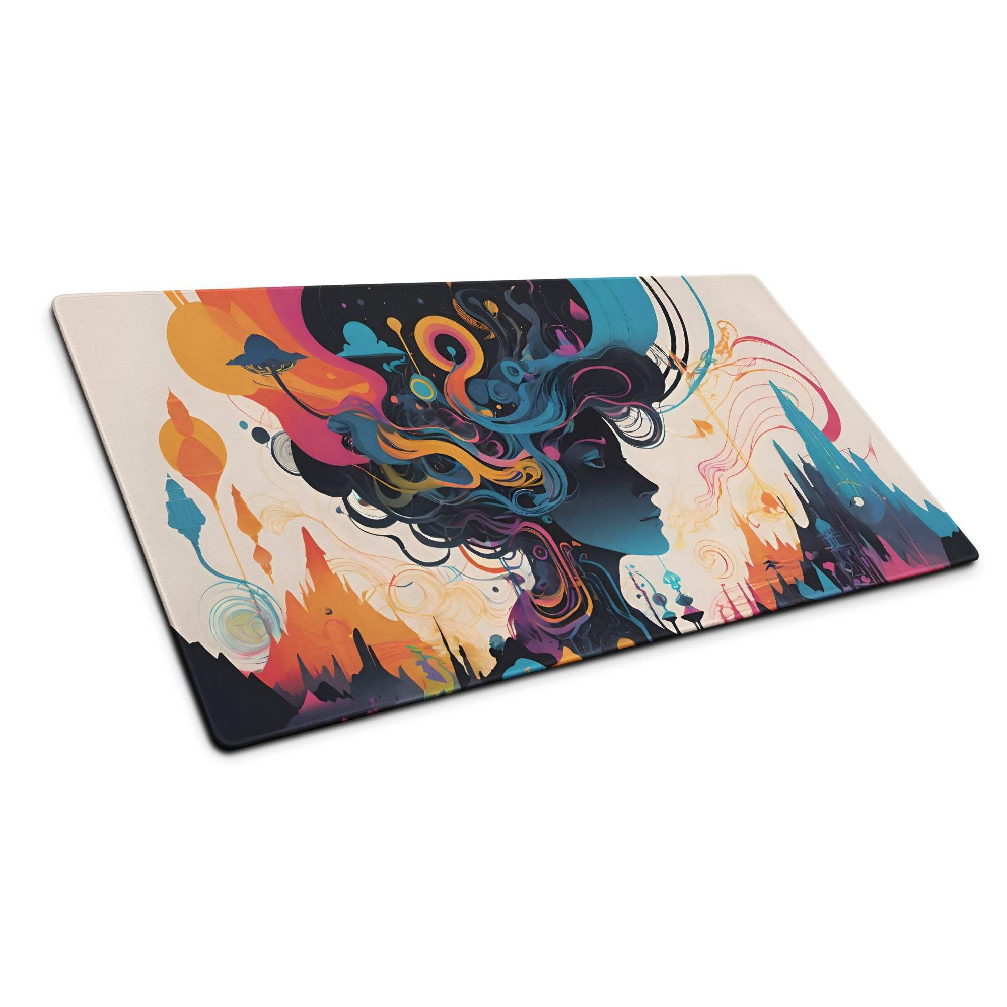Vibrant abstract fantasy woman mouse pad with colorful swirls, large non-slip