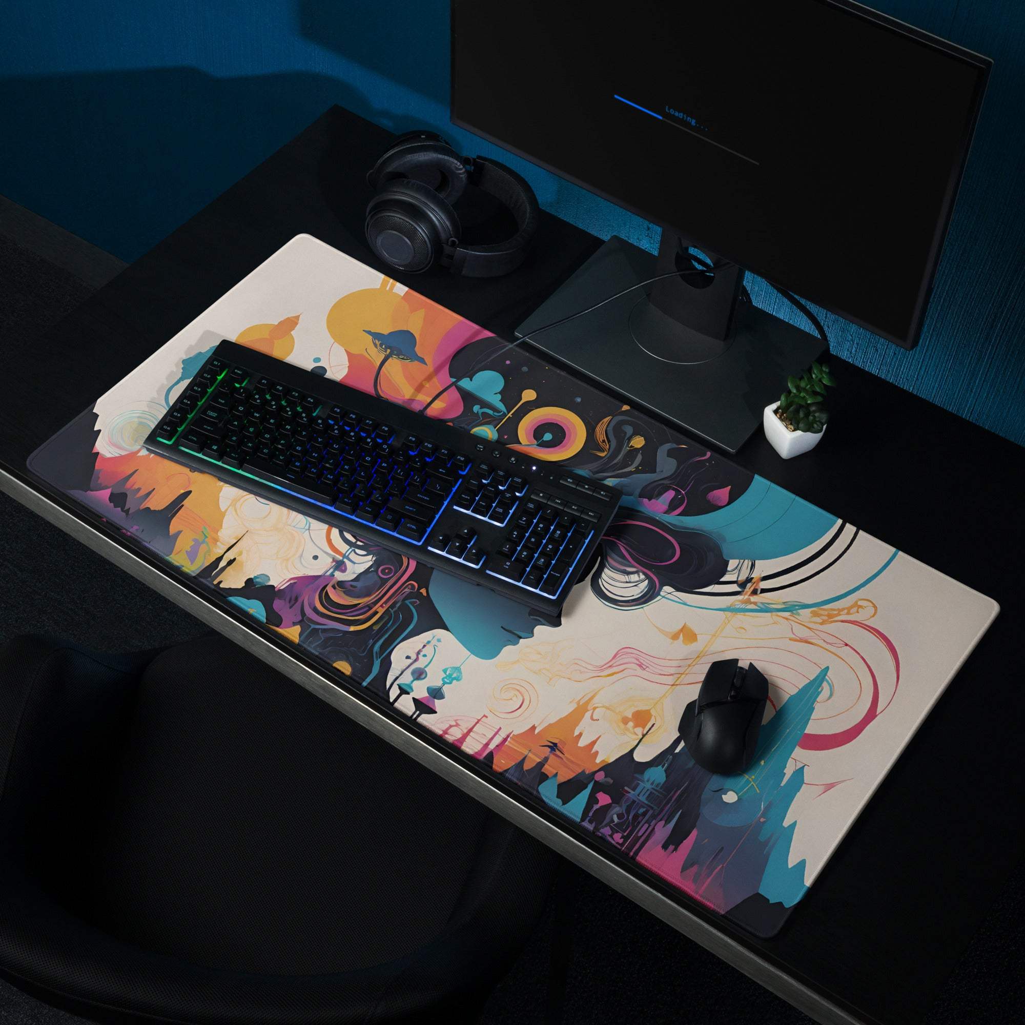 Vibrant abstract fantasy woman portrait gaming mouse pad with colorful cosmic swirls