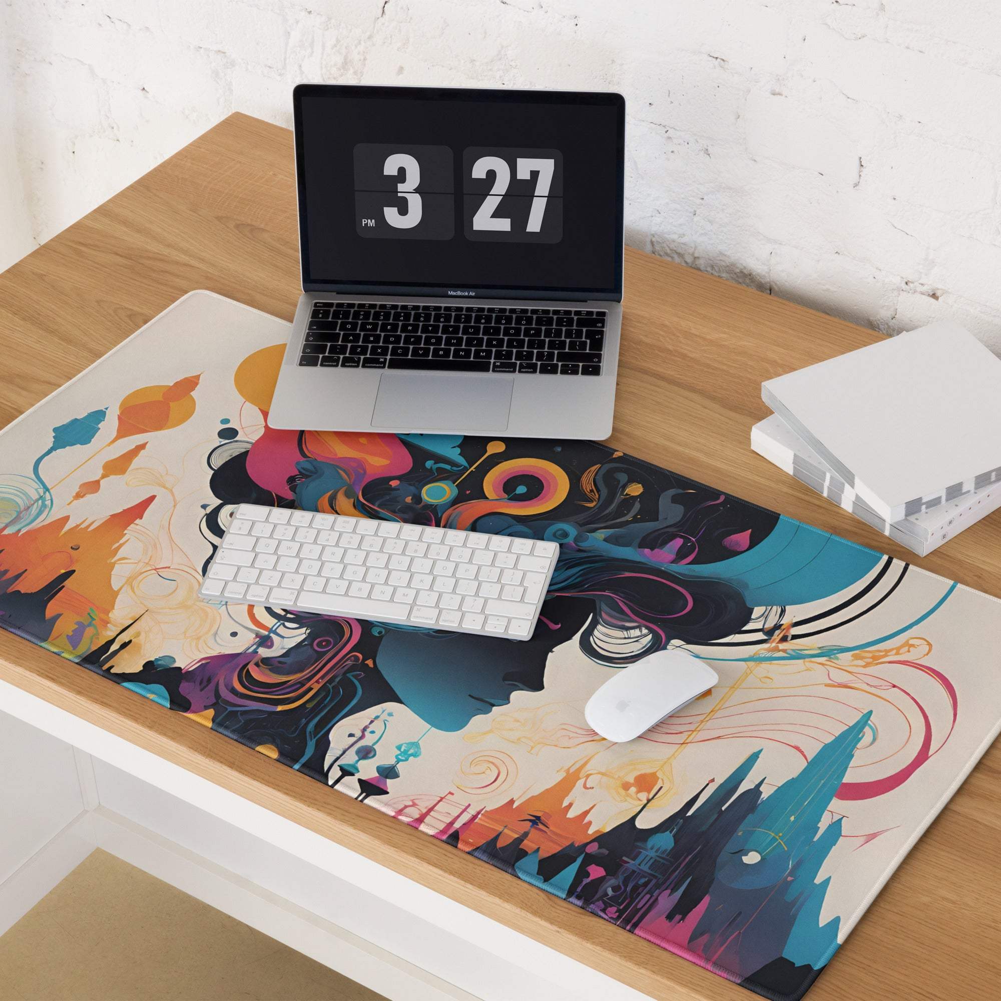 Vibrant abstract fantasy woman gaming mouse pad with colorful swirls
